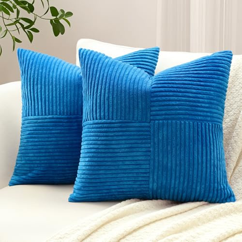 Sungeek 2er Set Cord Kissenbezüge, Kreuz Streifen Muster Kordsamt Kissenbezug Sofakissen Dekokissen Patchwork Design Deko Zierkissenbezüge Kissenhülle für Wohnzimmer (45x45cm, Blau)