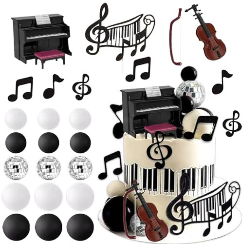 24Stk Musical Cake Toppers, Piano Violin Cake Toppers, Musical Birthday Party Including Piano Violin Notes Disco Ball, Musical Graduation Cake