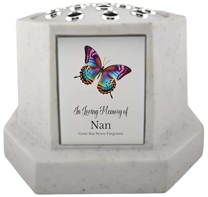 In Loving Memory Of Memorial Octagon Rose Bowl Grave Marker Flower Pot Vase With Butterfly Design Mum & Lots More White/Silver (UV PRINTED) (Nan)