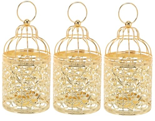 ULTECHNOVO 3 Stück Kerzenhalter aus Eisen Tee modern Laternen Kerzenhalter aus Weide Vintage Vogelkäfig hängende Vogelkäfig-Laterne e Golden
