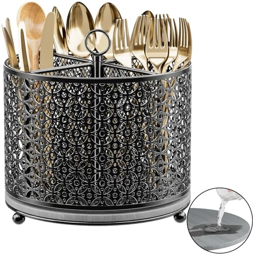 360° Rotating Utensil Holder Caddy - Fast-Drying Silverware Flatware Organizer - 4 Compartment Large Cutlery Holder with Handle For Kitchen Countertop Party Office Picnic Table Black