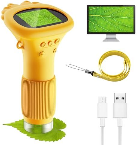 Microscope Portable pour Enfants, Mini-caméra avec Zoom 1000x, écran pour IPS 2, éclairage LED USB - Connexion au PC, Facile à Utiliser, extérieur dès 3 Ans (Orange)
