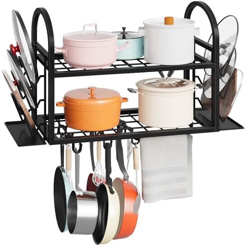 HOOBRO Hanging Pot Rack, Pot Rack Wall Mounted, with 6 Lid Holders, 2 Mesh Shelves, 10 Detachable S-Hooks & Towel Bar, Metal Pot and Pan Organizer, for Kitchen, Black EBB100TL01