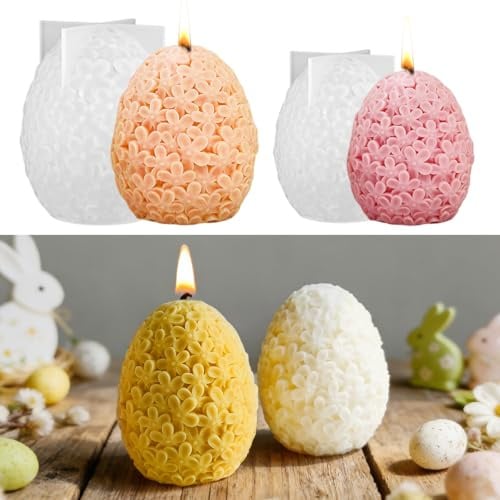 Silikonformen Gießformen Ostern, 2 Stück 3D Ostereier Silikonform, Osterei Giessformen Silikon, Kerzenform Ostereier, 3D Eierform Blume Kerzengießformen für Duftkerze, Basteln Osterdeko