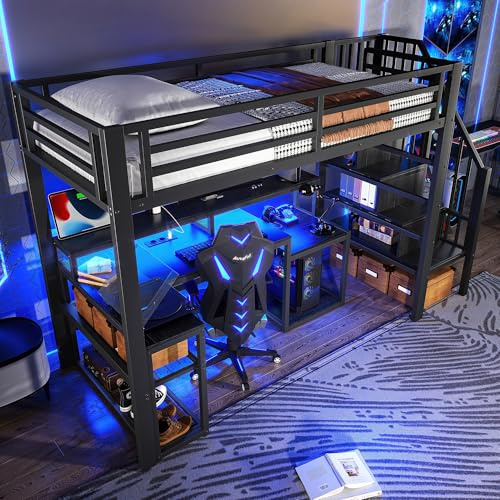 WIZBED Metall Hochbett 90 x 200 mit LED & USB, Eisenrahmen Kinderbett mit Treppe & Schreibtisch & Ablagefach, Etagenbett mit Sicherheitsgeländer, ohne Matratze, Schwarz