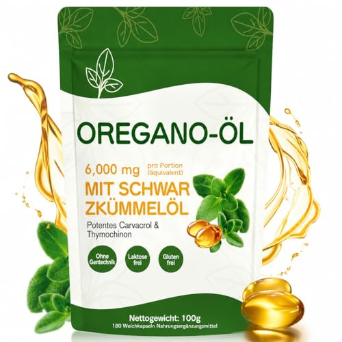Oregano Öl Kapseln 6000 mg, 180 Weichkapseln – 2-in-1 Oreganoöl mit Schwarzkümmelöl – Pflanzliche Ölkombination mit Carvacrol & Thymochinon – Ohne Gentechnik – Für tägliche Ernährungsroutine