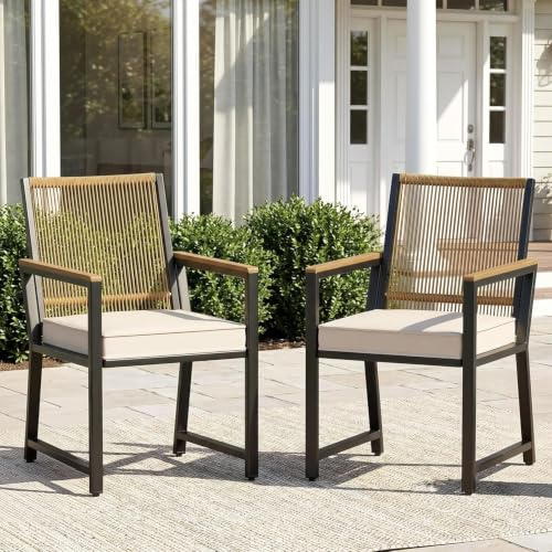 LIFERUN 2er Set Gartenstühle Rattan, Wetterfest, Balkonstuhl aus Metall | Essstühle mit WPC Armlehne, 2pcs Outdoor Stuhl mit abnehmbar Kissen, 160 kg belastbar, für Terrasse Garten Balkon Pool, Beige