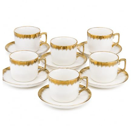 Set of 6 Porcelain Tea Cups and Saucers White with Gold Trim Luxury Coffee Cup Set Elegant Tea Service for Afternoon Tea, Coffee, Latte, Cappuccino, Hot Chocolate, Gift for Home Entertaining