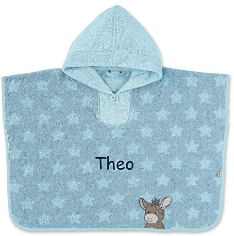 Sterntaler Bade Poncho mit Namen bestickt für Baby & Kinder, EMMI Badetuch, Badeponcho, Kapuzenbadetuch, Handtuch mit Ärmeln und Kapuze, 100% Baumwolle Esel Blau Junge