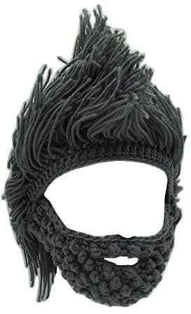 YEKEYI Wikingerbart-Mütze, Horn, Winter, warme Maske, gestrickte, lustige Kappe aus Wolle, Barbarian, Einheitsgröße