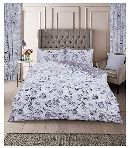 FAIRWAYUK Grey Rose Bedding Set, Ultra Soft Reversible Double Duvet Cover Sets with Pillowcase Quilt Covers, Easy Care Button Closure, 200x200cm