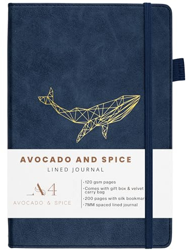 Avocado & Spice A4 Notizbuch Liniert, als Reise-Tagebuch, Notizblock, Journal, A4 Hardcover Tagesplaner mit Geschenkbox & Samtbeutel - mit Lesezeichen, elastischem Band, Stifthalter, 200 Seiten Blau