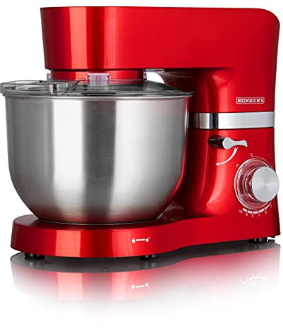HEINRICHS Küchenmaschine Knetmaschine Teigmaschine 1300W.Küchengerät Rührbesen Knethaken Schneebesen Spritzschutz 10 einstellbare Geschwindigkeiten XL 6,2L Edelstahlschüssel geräuscharm (Rot)