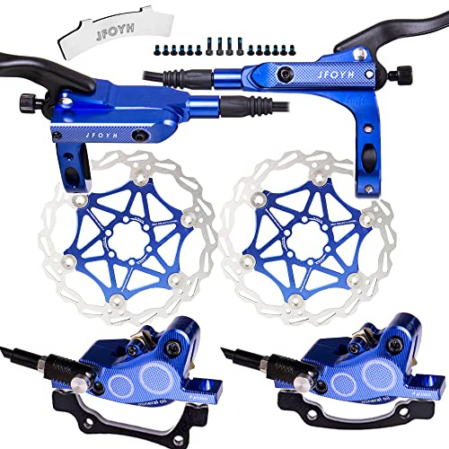 JFOYH 4-Kolben MTB Hydraulische Bremsen Set mit 160 mm schwebenden Scheibenrotoren, hydraulische Scheibenbremsen-Set vorne und hinten für MTB (vormontiert, Links/rechts/hinten), Blau