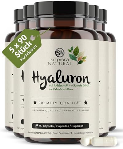 Surpresa Natural Hyaluronsäure Kapseln hochdosiert I 5x 90 Kapseln mit Apfel Extrakt I 500 mg Hyaluronsäure mit 500-700 kD pro Kapsel I Hyaluron Kapseln I vegan & laborgeprüft