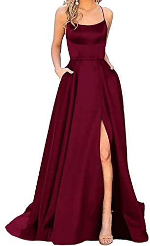 Onsoyours Ballkleider Off Shoulder Kleider Damen Lang Elegant Hochzeit A-Linie Criss-Cross Satin Spaghetti Party Prom Maxi Dress Abendkleider Schlitz Brautkleid Festkleider mit Taschen