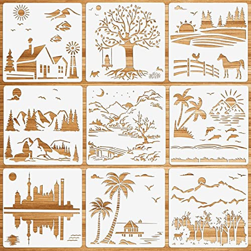 OOTSR 9 Stück Landschaft Schablonen Wandgestaltung Set, Zeichnung Malschablonen DIY Schablonen der Wald Berge Stadt, Kunststoff Vorlagen für Scrapbooking Holz Boden Möbel Fliesen Leinwand Deko