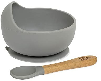 Interbaby - Bol Bebe Ventosa Silicona | Bol Bebe Antivuelco y Cuchara Bebe Aprendizaje | Cuenco Ventosa Bebe Antideslizante, Cómodo | Silicona Suave, Antibacterias, Sin BPA | Gris Petroleo