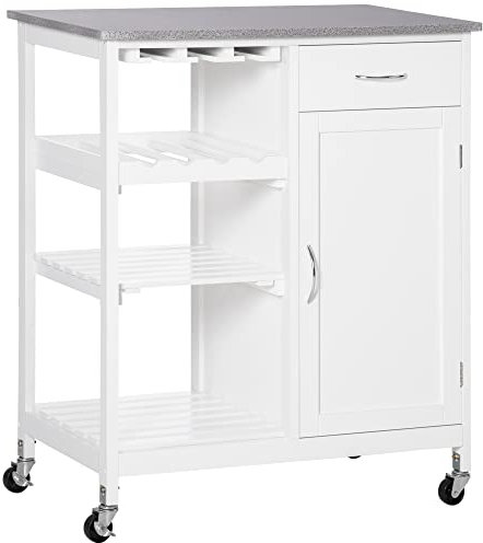 HOMCOM Carro de Cocina con Ruedas Carrito de Servicio con 1 Cajón Estantes Extraíbles Botellero para 4 Botellas y Armario para Comedor Salón Carga 40 kg 76x48x88 cm, Madera de ingeniería, Blanco