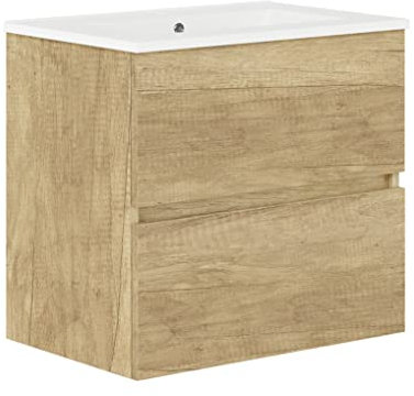 Baikal, Conjunto de baño Natura. Mueble de Baño de Fondo Reducido, con Lavabo cerámico. Distribución Dos Cajones. Mueble MONTADO. Dos Cajones sin Espejo. Fondo 39cm 70 cm Nature