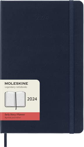 Moleskine Daily Agenda 12 Months 2024, Agenda 2024, Size Large 13x21, Hard Cover and Elastic Closure, Colour Sapphire Blue