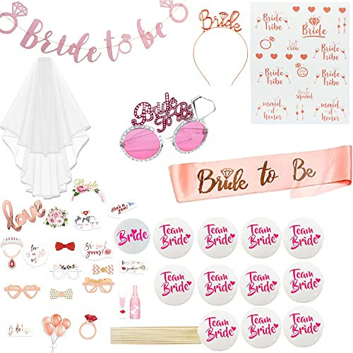 Accessori per Addio al Nubilato, 41 Pezzi con Fascia, Velo, Tiara, Occhiali, Spille, Bandierina, Tatuaggio Temporaneo e Accessori per Foto rosé Dorati, Decorazioni per Feste di Addio Nubilato