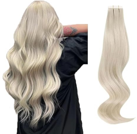 ABH AMAZINGBEAUTY HAIR Echthaar Extensions Tape in Haarverlängerungen Eisblond Tape in Blondes Glattes Haar Klebe Unsichtbare #1000 Weißblondes Haar Tape In Extensions aus Echthaar 35 cm 20 Stück 50G