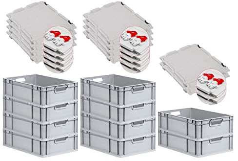 PROREGAL SuperSparSet 10x Eurobox NextGen Grip mit Scharnierdeckel und roten Schiebeschnappverschlüssen, HxBxT 17x40x60cm, 34 L, Grau, Griffe offen, Eurobehälter, Transportbox