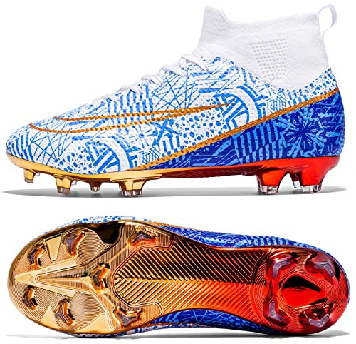 BLBK - Scarpe Professionali da Calcio Unisex, da Uomo, per attività all'aperto, Prato Artificiale, competizioni, Oro Bianco e Blu, 39 EU