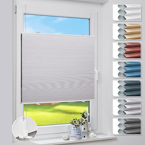 Deswell Plissee Verdunklung Klemmfix Wabenplissee B60 x H80 cm Hellgrau Thermoplissee ohne Bohren Faltrollo für Fenster & Tür, 100% Blickdicht, Sonnen-, Sicht- & Schallschutz Wärmeisolierung