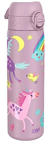 Ion8 Gourde Inox Léger, 600ml, Non Isolé, Anti-Fuite, Facile à Ouvrir, Verrouillage Sécurisé, Lavable au Lave-Vaisselle, Poignée de Transport, Durable, Acier Inoxydable, Motif 3D Lilas Licorne