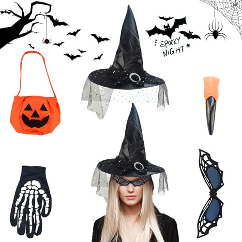 Kleemeiero 5 Pcs Halloween Hexenhut Damen Schwarz Halloween Hut Hexenhut Set mit Brillenhandschuhe Zombie Fake Nails Kürbisbeutel für Halloween Kostüm Party Deko, Hexenhüte Hexen Accessoires Mädchen