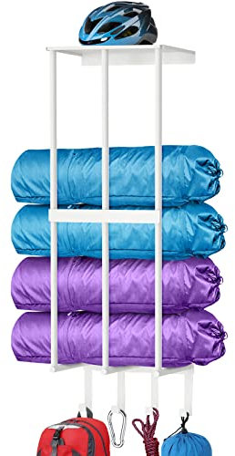 Camping Chair Wall Storage for Garage, Metal Camping Chair Storage Rack Wall Holder, Floating Shelf, 4 Hooks, Stainless Steel, Beach Chair Rack, Umbrella Holder, Garage Chair Organizer, White