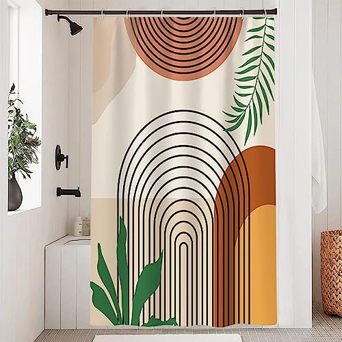 Uiiooazy Tenda da doccia astratta bohémien, 120 x 200 cm, terracotta, motivo geometrico, foglie verdi, antimuffa, lavabile, impermeabile, con 8 ganci per bagno