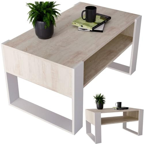 CraftPAK Wohnzimmer Tisch für Couch aus hochwertigem Holzwerkstoff, moderner Couchtisch mit zusätzlicher Ablagefläche, Sofatisch für Wohnzimmer, Farbe Bardolino-Weiß couchtisch weiß