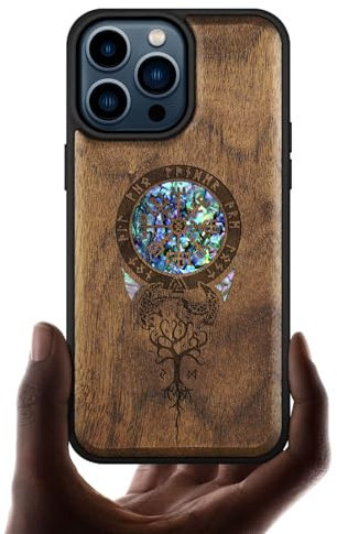 Carveit Handyhülle für iPhone 15 Pro Max Holz Cover kompatibel mit MagSafe [Holzgravur & Muschel Inlay] Magnetisch Case für Apple 15 pro max hulle Silikon TPU（Nussbaum-Der Vegvisir von Viking）