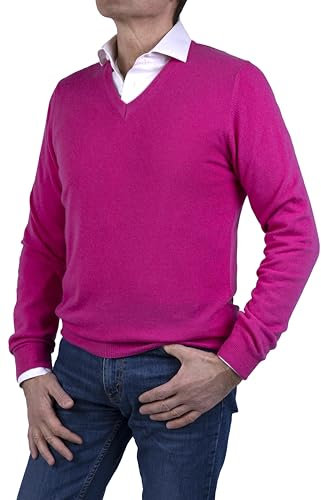 Marenza Scollo V Uomo Manica Lunga Misto Cashmere Seta Made in Italy (M, Fucsia)