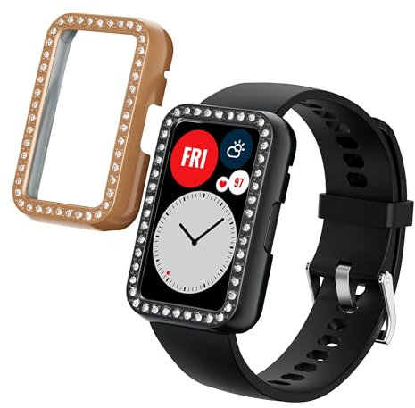 kwmobile Set da 2 Protezione Bordo Orologio Compatibile con Huawei Watch Fit Smartwatch - Rivestimento Glitterato nero/oro rosa