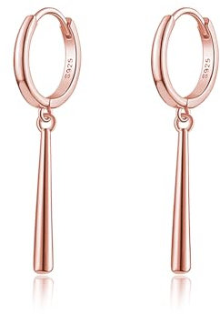 Reffeer Massive 925 Sterling Silber Bar Creolen Baumeln Ohrringe für Frauen - Minimalistische Tropfen Ohrringe (C-Roségold)