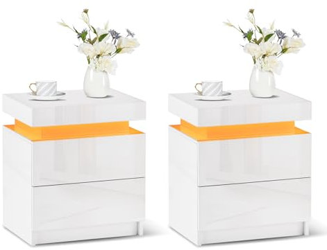 CLIPOP 2 Stück Nachttisch mit LED-Beleuchtung,Einstellbare Farben,Weiß Hochglanzfront Nachtschrank mit Schubladen und Staufach für Wohnzimmer Schlafzimmer,35 x 45 x 52 cm