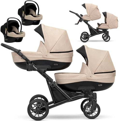 KUNERT BOOSTER 3in1 2in1 Kinderwagen Komplettset Zwillingskinderwagen Babywagen Kombikinderwagen Komplettset Geschwisterwagen Kinder Wagen set Zwillingsbuggy Doppelkinderwagen (Creme, 3 in 1 Cosmo)