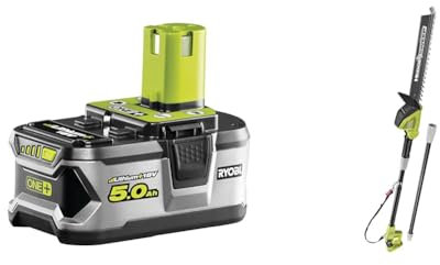 RYOBI - 1 Batterie Lithium+ 18V - 5,0 Ah et 1 Chargeur Rapide 2,0 A - RC18120-150 & Taille-Haie Électrique sur Perche sans Fil à Batterie 18V One+- Lames 45cm pour Jeunes Haies