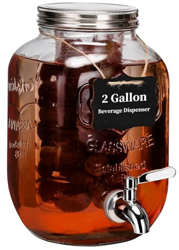 2 Gallon Drink Dispenser with 18/8 Stainless Steel Spigot, Sun Tea Glass Mason Jar for Outside, Iced Lemonade Beverage Dispenser with Ice Core, Large Water Juice Jug, Punch Dispenser for Parties