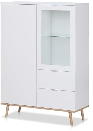 KHG Highboard 2-türig mit Einlegeboden Scandi, Vitrine aus Holzwerkstoff weiß foliert für Wohnzimmer und Esszimmer, 140 x 100 x 40 cm (B/H/T)