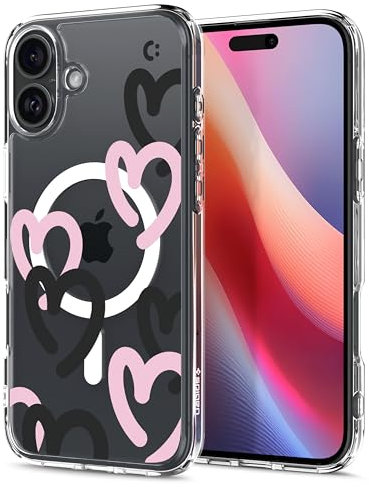 Spigen für iPhone 16 Hülle [Anti-Yellowing] Ultra Hybrid MagFit Case Handyhülle Transparent Dünn Slim Kompatibel mit MagSafe -Hearts Black Pink