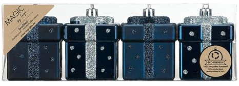 Christbaumschmuck Geschenkbox 6cm Kunststoff 4er Set - bruchsicher & mit Glitzer - Kleine Christbaumkugeln für Weihnachtsbaum - Weihnachtsbaumkugeln & Weihnachtsbaumschmuck Blau - Night Blue