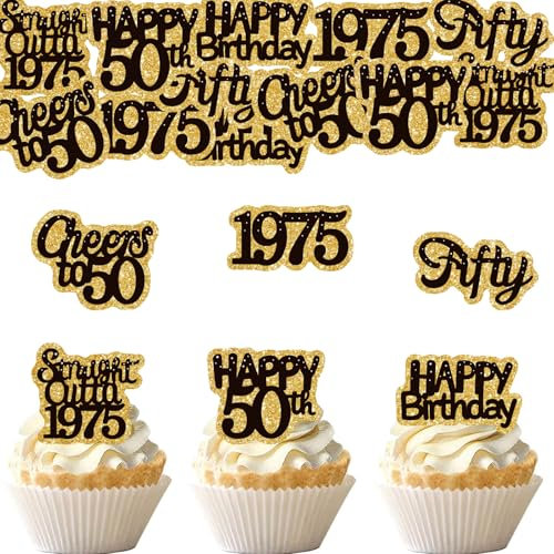 ENLACE Essbare Tortendeko 50 Geburtstag Mann Frau,48 Stk Cupcake Topper 50 Geburtstag Deko Torte Essbar,Kuchendeko 50 Frau,Happy 50th Birthday Cake Topper,Muffins Deko 50 Jahre 1975
