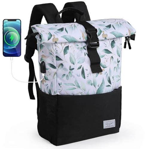 MoFut Rucksack Damen Herren Groß Schulrucksack viele Fächer mit 15,6 Laptopfach, Unisex Wasserdichter Rolltop Rucksack, Lässiger Backpack Schule Freizeit Uni Arbeit Wandern(ST-W).