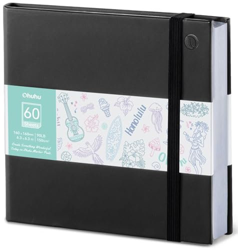 Ohuhu Skizzenbuch für Künstler - Doppelseitig Durchschlagfestes 150g/m² Papier, Quadratisch 16x16 cm - 120 Seiten (60 Blätter), PU-Leder Hardcover Skizzenbuch für Marker & Aquarell