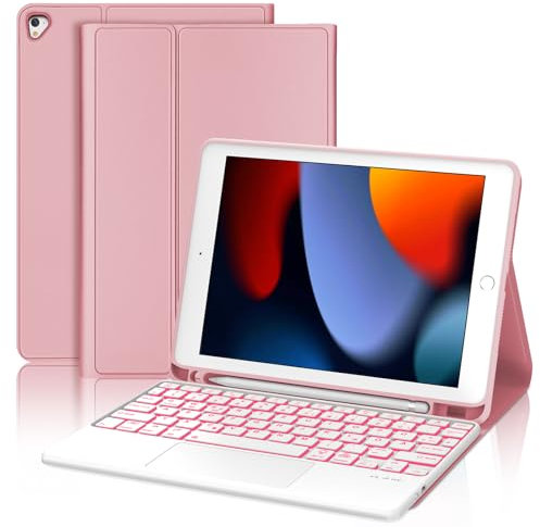 JADEMALL Für iPad 6. Generation Hülle mit Tastatur, Touchpad & 7-Farben Backlight, Abnehmbare Bluetooth Tastatur für iPad 5./6. Gen, Pro 9.7, Air 1 & 2, QWERTZ Deutsch – Rosa